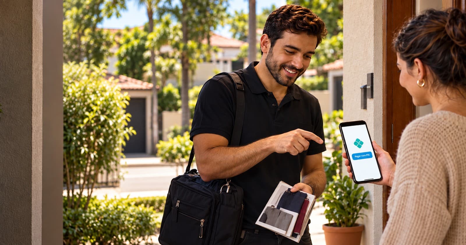Vendedor atendendo a cliente na porta de casa, com pagamento pelo celular